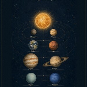 May include: A dark blue poster titled THE SOLAR SYSTEM Our Neighborhood in Space, featuring a central glowing sun and eight planets arranged in rows: Mercury, Venus, Earth, Mars, Jupiter, Saturn with rings, Uranus, and Neptune, all labeled.