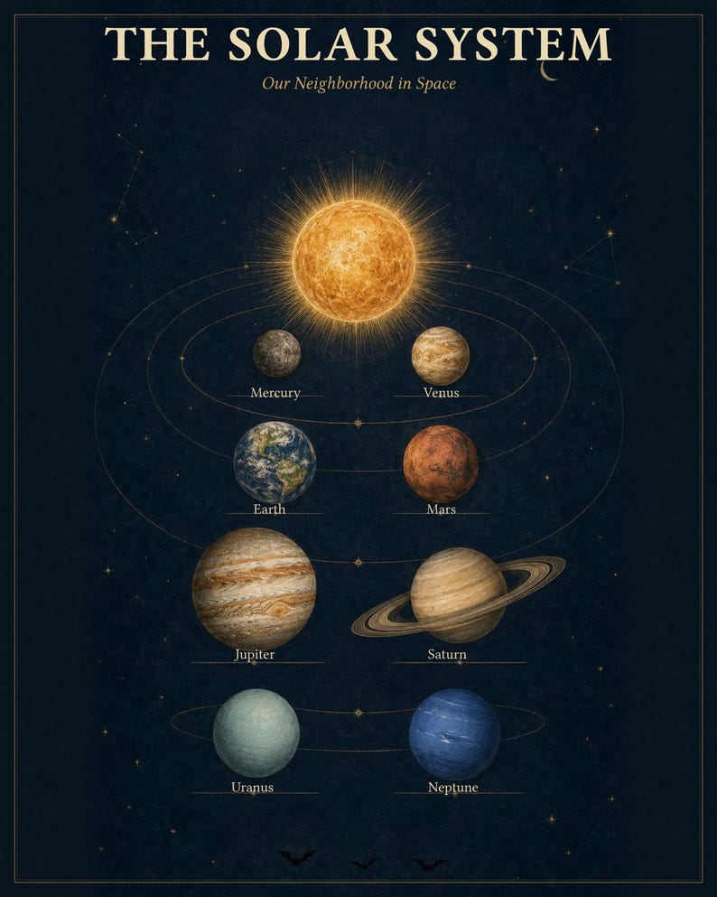 May include: A dark blue poster titled THE SOLAR SYSTEM Our Neighborhood in Space, featuring a central glowing sun and eight planets arranged in rows: Mercury, Venus, Earth, Mars, Jupiter, Saturn with rings, Uranus, and Neptune, all labeled.