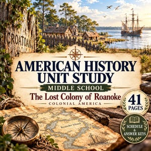 Könnte beinhalten: Ein amerikanisches Geschichts-Lernmodul für die Mittelstufe mit dem Titel The Lost Colony of Roanoke, das 41 Seiten, einen Zeitplan und Antwortschlüssel umfasst. Das Cover zeigt eine historische Karte, einen Kompass und eine Siedlung.