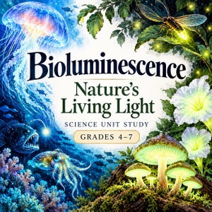 Puede incluir: Una portada de libro de estudio científico titulada Bioluminescence Nature's Living Light Grades 4-7. La ilustración muestra una medusa brillante, un rape, un calamar, una luciérnaga y setas sobre un fondo oscuro.