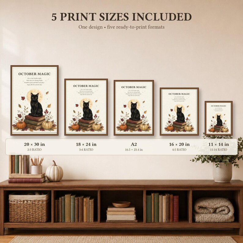 May include: Five framed wall art prints titled OCTOBER MAGIC, each featuring a black cat sitting on a stack of books with pumpkins and autumn leaves. The sizes listed are 20x30 inches, 18x24 inches, A2, 16x20 inches, and 11x14 inches, with ratios.