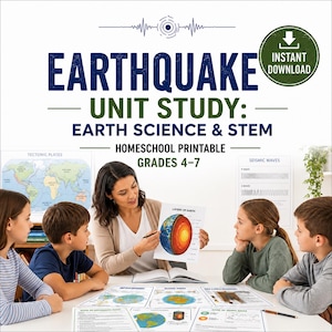 Puede incluir: Un material educativo imprimible sobre terremotos para los grados 4-7, titulado Earthquake Unit Study. El documento incluye diagramas de placas tectónicas, ondas sísmicas y las capas de la Tierra para la enseñanza de ciencias y STEM.