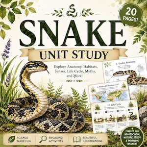 Może przedstawiać: 20-stronicowy zeszyt edukacyjny zatytułowany SNAKE UNIT STUDY z ilustracjami węża, schematami anatomicznymi, mapami siedlisk i wykresami cyklu życia. Okładka zawiera tekst dotyczący anatomii, siedlisk i mitów.