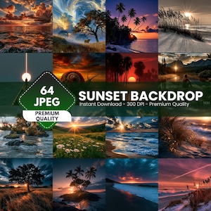 Puede incluir: Una colección digital de 64 fondos de atardeceres en formato JPEG que presentan diversos paisajes, incluyendo océanos, playas, palmeras, montañas y campos. La imagen muestra un collage de estas escenas con el texto 64 JPEG SUNSET BACKDROP.