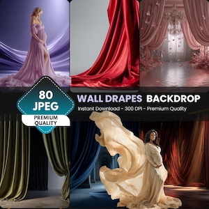 May include: A collage of images showcasing wall drapes and backdrops. The images include a woman in a flowing lavender gown, a cascade of red fabric, and a backdrop with pink drapes and a chandelier. Text reads "WALL DRAPES BACKDROP".