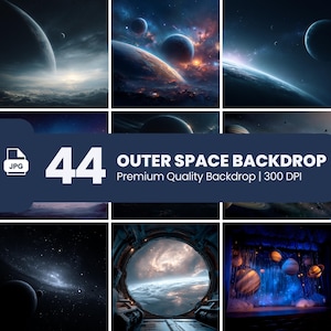 Puede incluir: Una colección de 44 fondos espaciales, con planetas, nebulosas y cuerpos celestes. Las imágenes muestran colores vibrantes y escenas cósmicas detalladas. El texto en la imagen dice "44 OUTER SPACE BACKDROP Premium Quality Backdrop | 300 DPI".