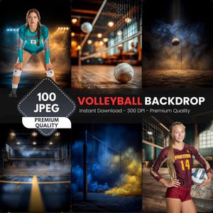 May include: A collage of volleyball-themed images. Includes a woman in a teal uniform, a volleyball on a wooden court, and a volleyball net with smoke effects. Text reads "VOLLEYBALL BACKDROP" and "100 JPEG PREMIUM QUALITY".