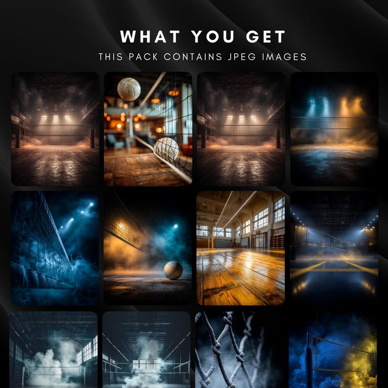 May include: A collection of nine images featuring volleyball-themed scenes. The images showcase volleyball nets, balls, and indoor court settings with dramatic lighting and atmospheric effects. Text at the top reads "WHAT YOU GET" and "THIS PACK CONTAINS JPEG IMAGES."
