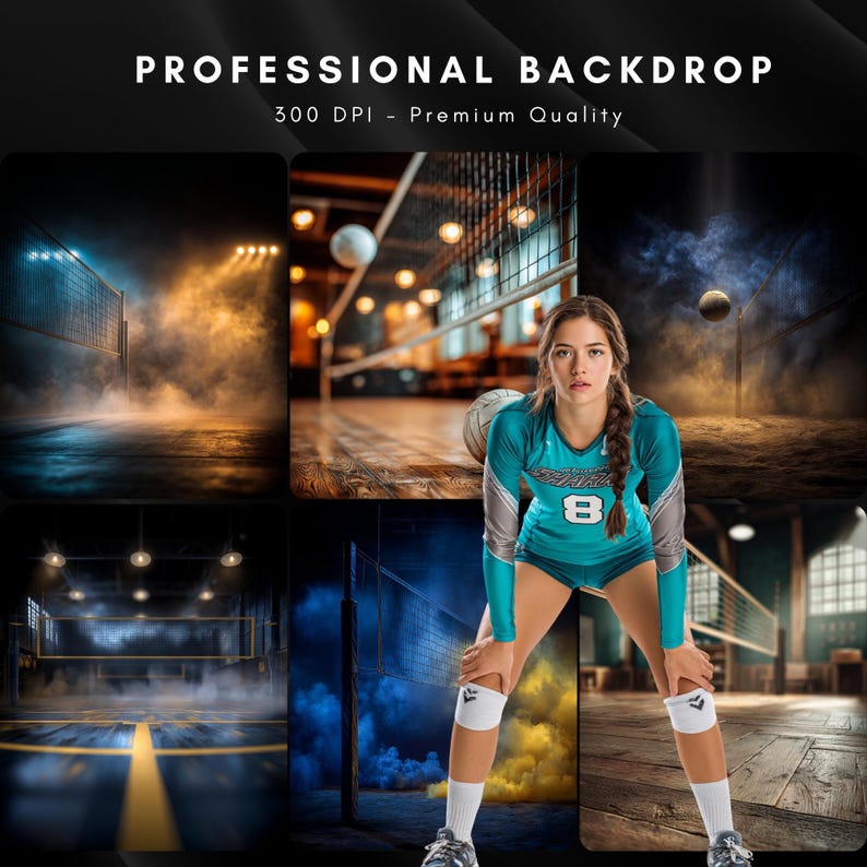 May include: A composite image featuring a volleyball player in a teal uniform with the number 8, knee pads, and athletic shoes. The image is set against various volleyball court backdrops with nets and volleyballs. Text at the top reads "PROFESSIONAL BACKDROP" and "300 DPI - Premium Quality."