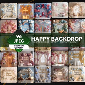 Può includere: Una collezione di 96 immagini JPEG Happy Backdrop, che mostrano vari temi di festa. Le immagini presentano archi di palloncini, decorazioni di compleanno e testo che dice "Happy Birthday" e "Baby". Qualità premium.