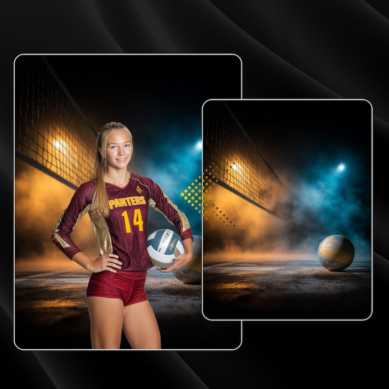 May include: A volleyball player in a maroon and gold uniform with the number 14, holding a volleyball. The background features a volleyball net and a volleyball on the ground. The scene is lit with orange and blue lights, creating a dramatic effect.