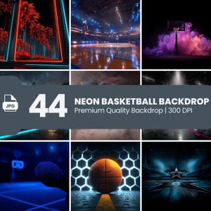 Neon Basketball Digital Backdrops for Sports Photoshop Stadium School Background Senior Portrait Overlays Smoke Glow Light Effects JPG
