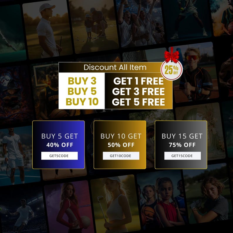 May include: An advertisement with a black background and various sports-related images. The text offers discounts: Buy 3 Get 1 Free, Buy 5 Get 3 Free, and Buy 10 Get 5 Free. Additional offers include 40%, 50%, and 75% off with codes.