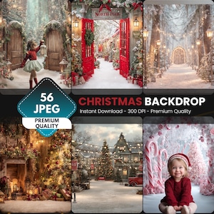 Pode incluir: Uma colagem de fundos de Natal. As cenas incluem uma menina com uma lanterna, portas vermelhas com uma coroa, um caminho florestal nevado, uma árvore de Natal decorada, uma cena de cidade nevada com um caminhão vermelho e uma criança com bengalas doces. Texto: "CHRISTMAS BACKDROP".