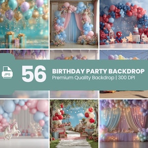 May include: A collection of birthday party backdrops with balloon arches, drapes, and decorative features. The backdrops display diverse colour schemes, including blue, pink, and gold, with the text "56 BIRTHDAY PARTY BACKDROP Premium Quality Backdrop | 300 DPI".