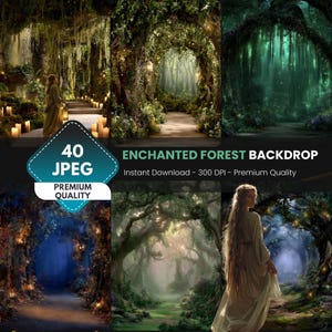 Op de afbeelding: Een collage van zes digitale kunstafbeeldingen met betoverde bosachtergronden. De afbeeldingen tonen paden, bogen en figuren in vloeiende jurken. Tekst op de afbeelding luidt "40 JPEG" en "ENCHANTED FOREST BACKDROP - Instant Download - 300 DPI - Premium Quality."