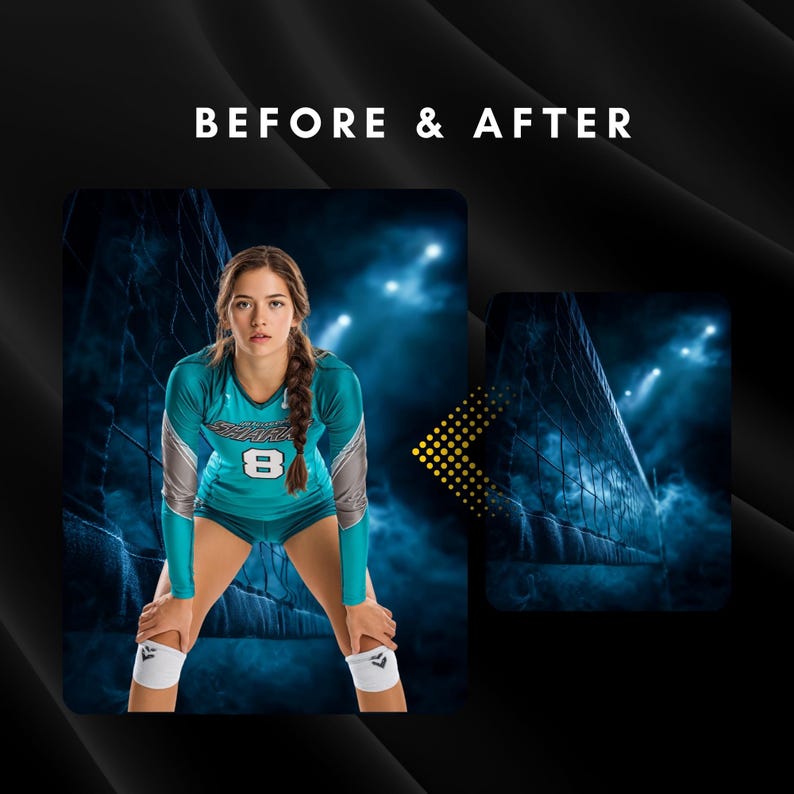 May include: A teal and gray volleyball uniform with the number 8 is worn by a person. The words "BEFORE & AFTER" are at the top of the image. The background is a dark blue with a volleyball net.