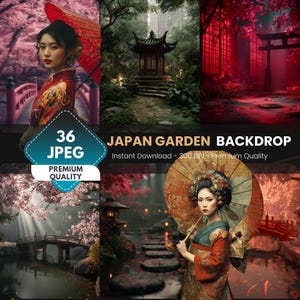 Peut inclure: Un collage d'art numérique présentant des scènes de jardins japonais. Les images incluent une femme en tenue traditionnelle avec un parasol, une pagode, un chemin de pierre et un pont. Le texte indique "36 JPEG" et "Japan Garden Backdrop".