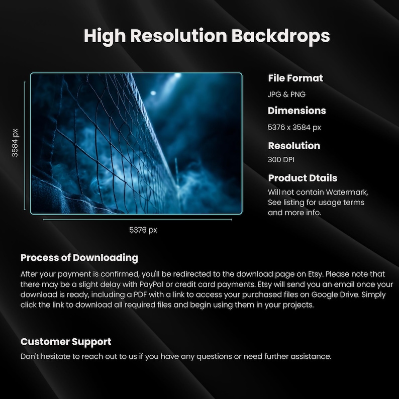 May include: Digital backdrop product image with a dark blue, moody aesthetic. The image features a volleyball net in the foreground, with dimensions of 5376 x 3584 pixels and a resolution of 300 DPI. Text includes "High Resolution Backdrops".