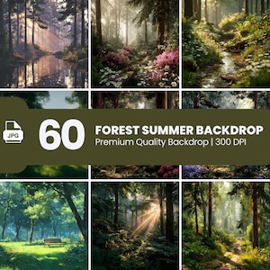 Puede incluir: Una colección de 60 fondos de verano de bosque. Las imágenes muestran varias escenas de bosque con la luz del sol filtrándose a través de los árboles, creando una atmósfera serena y natural. Los fondos son de calidad premium y 300 DPI.