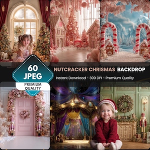 Könnte beinhalten: Eine Sammlung digitaler Weihnachtshintergründe mit festlichen Szenen mit Lebkuchenhäusern, Zuckerstangen und Weihnachtsbäumen. Das Bild enthält den Text "NUTCRACKER CHRISMAS BACKDROP" und "60 JPEG PREMIUM QUALITY".