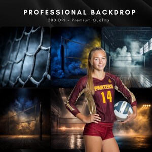 May include: A collage of images featuring a volleyball net, a volleyball player in a maroon and gold uniform, and a volleyball. The text "PROFESSIONAL BACKDROP" and "300 DPI - Premium Quality" are at the top.