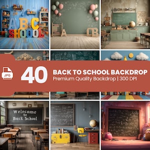 Puede incluir: Una colección de fondos para el regreso a clases. La imagen presenta varias escenas temáticas escolares, incluyendo aulas, pisos de madera y letras coloridas que deletrean "ABC SCHOOL". El texto "40 BACK TO SCHOOL BACKDROP" también es visible.