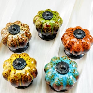May include: Five decorative cabinet knobs in various colors: brown, green, orange, yellow, and blue. Each knob has a floral design and a black metal base. The knobs are arranged on a white fabric background.