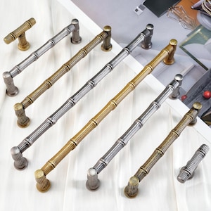 Retro Bamboo Cupboard Pulls Antique Silver Brass Dresser Handles Drawer Pull T Knobs Handles Kitchen Cabinet Pull Rustic Wardrobe Knob