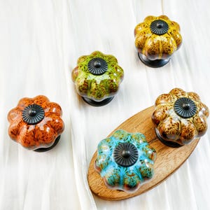 以下が含まれることがあります： オレンジ、緑、黄色、茶色、青など、さまざまな色の装飾的なセラミックキャビネットノブが5つ。各ノブは、黒い金属製のベースと中央部を備えた花のような形をしています。ノブのセットは木製の楕円形の上にあります。