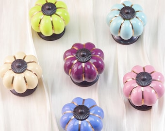 Boutons citrouilles multicolores Poignée de porte d'armoire pour chambre d'enfant Boutons en céramique Plaque à tirer vers l'arrière Poignée de tiroir de commode Boutons de penderie Quincaillerie en bronze