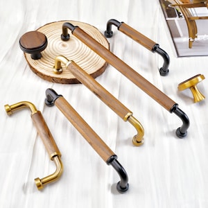 Natural Wood+Copper Handles Pull Knobs Black Walnut Kitchen Door Handle Cabinet Door Handle Closet Round Knob Dresser Drawer Pulls Hardware