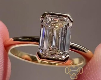 3 CT Emerald Cut Lab-Grow CVD Diamond IGI & Moissanite Engagement Ring, 14K/18K Solid Gold, Half Bezel  Solitaire Ring, Wedding Ring Gift