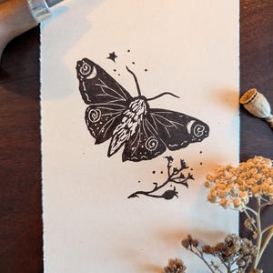 May include: A black and white linocut print depicting a moth with detailed wings, stars, and botanical motifs. The artwork is on textured, off-white paper. A carving tool and dried flowers are visible in the background.