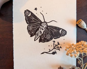 Autumn Moth Lino Print: Whimsical Vintage and Cottagecore Wall Art