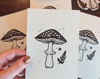 Mushroom Lino Print | Woodland and Botanical Green Witch Wall Art