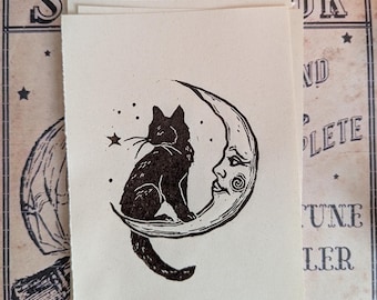 Black Cat Lino Print: Vintage Home Decor Whimsical Wall Art