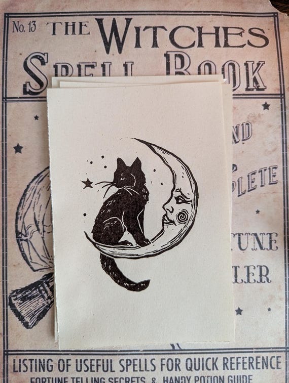 Black Cat Lino Print: Vintage Home Decor Whimsical Wall Art
