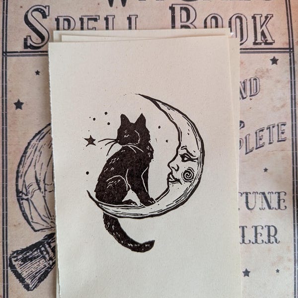 Black Cat Lino Print: Vintage Home Decor Whimsical Wall Art