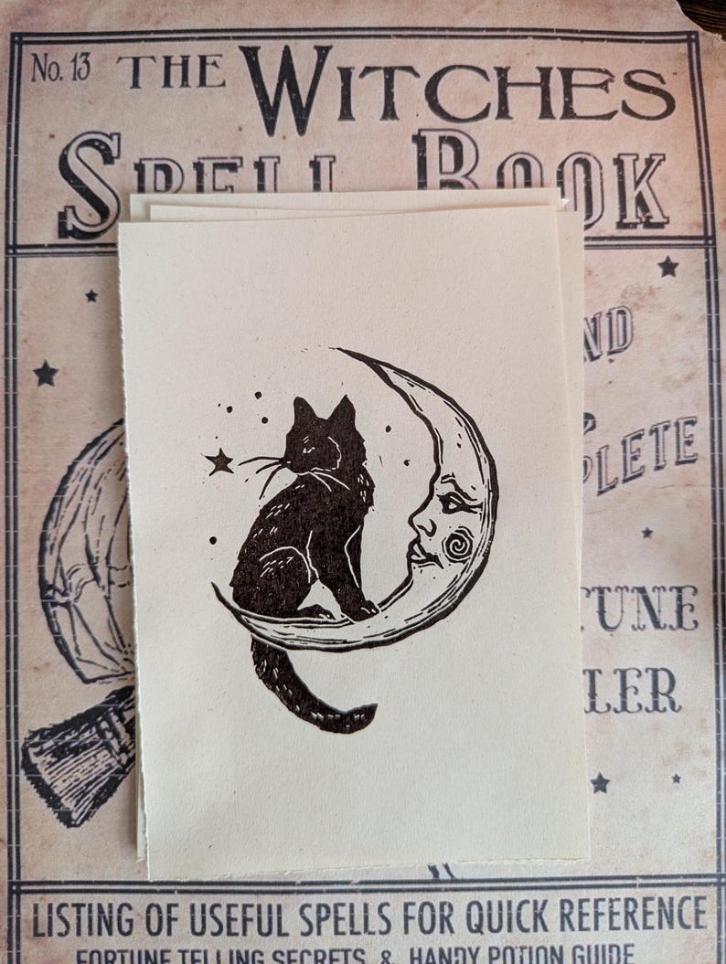 May include: A black cat silhouette sits on a crescent moon with a face, surrounded by stars. The image is printed on a cream-coloured card, with the text "THE WITCHES SPELL BOOK" in the background.