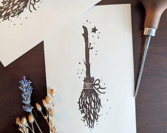 Witch's Broomstick Lino Print | Botanical Green Witch Wall Art