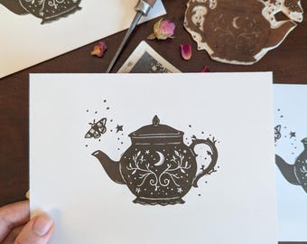 Witch's Teapot Witch's Brew Lino Print | Mystical Witchy Decor