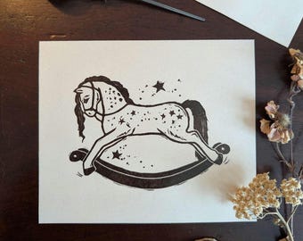 Antique Rocking Horse Lino Print | Vintage Home Decor & Nursery Wall Art