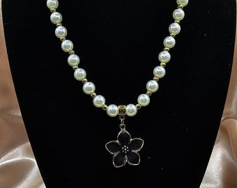 Pearl Bead Necklace, Black Flower Enamel Charm, Gold Seed Bead Spacers, Coquette Whimsigoth Aesthetic Jewelry
