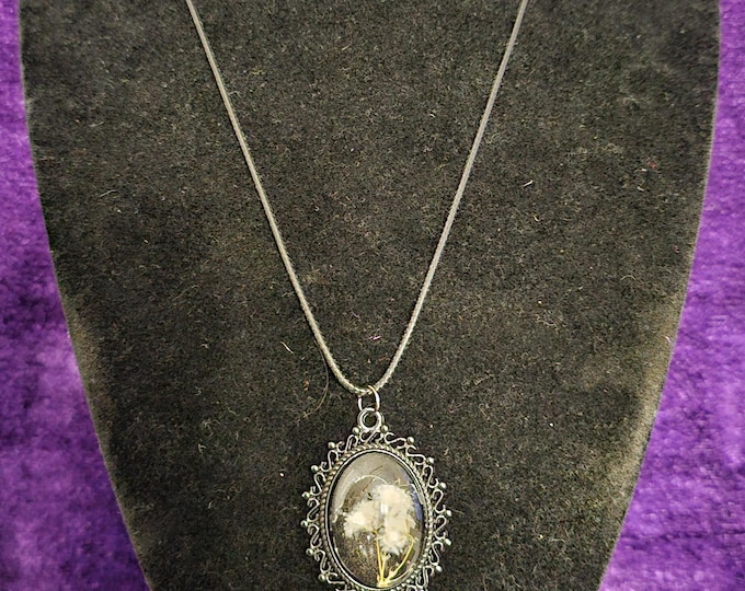 Featured listing image: Gothic Pressed Flower Necklace | Real Baby's Breath Oval Pendant in Ornate Filigree Bezel with Included Cord | Alternative Witchy Jewelry