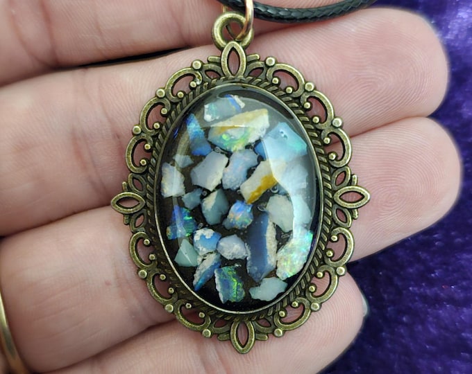 Featured listing image: Gothic Real Australian Opal Oval Necklace | Crushed Opal Shards Resin Pendant in Ornate Bronze Bezel with Included Cord | Witchy Gift