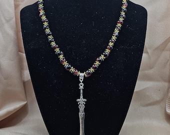 Red & Black Beaded Necklace | Gothic Sword Pendant | Handmade Dark Fantasy Jewellery