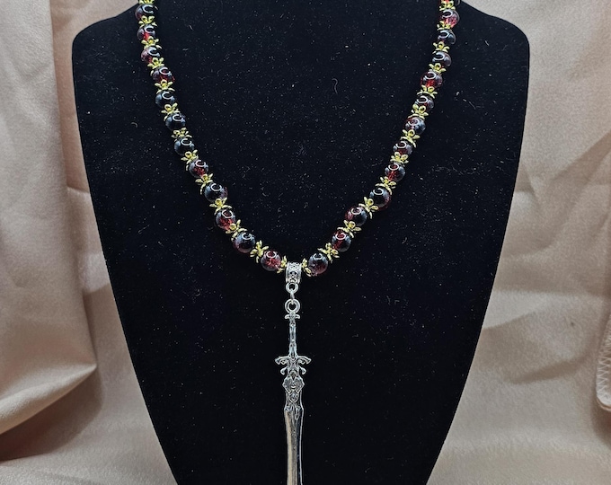 Featured listing image: Gothic Beaded Necklace | Red and Dark Beaded Choker with Sword Pendant | Alternative Witchy Jewelry | Gift for Her