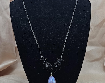 Black Bat Wings Heart Necklace, Inverted Cross Inverted Heart, Opalite Teardrop Pendant, Gothic Witchy Jewelry