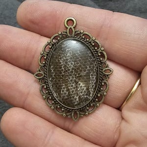 May include: An oval pendant featuring a dark brown, textured snakeskin-like pattern encased under a smooth, clear dome. The centerpiece is framed by an intricate, antique bronze-colored metal filigree border with a small loop at the top.